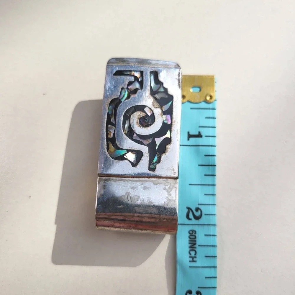 Vintage Mexican Silver Abalone Inlay Spiral Geometric Money Clip Accessory